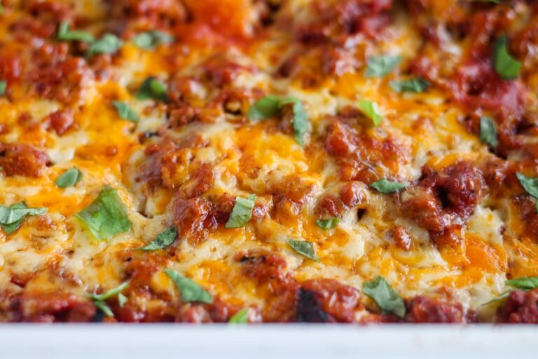 Close-up image of a ground beef casserole.