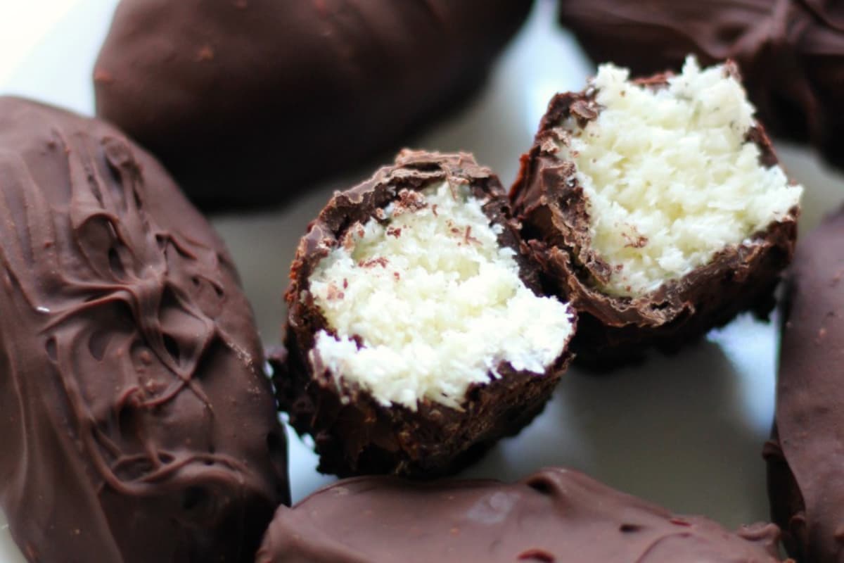 A plate of homemade mounds bars.