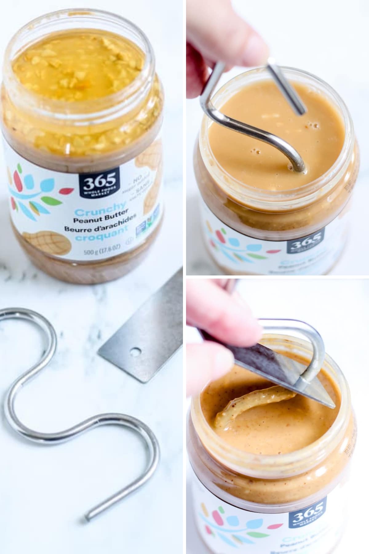 Collage of peanut butter being stirred.