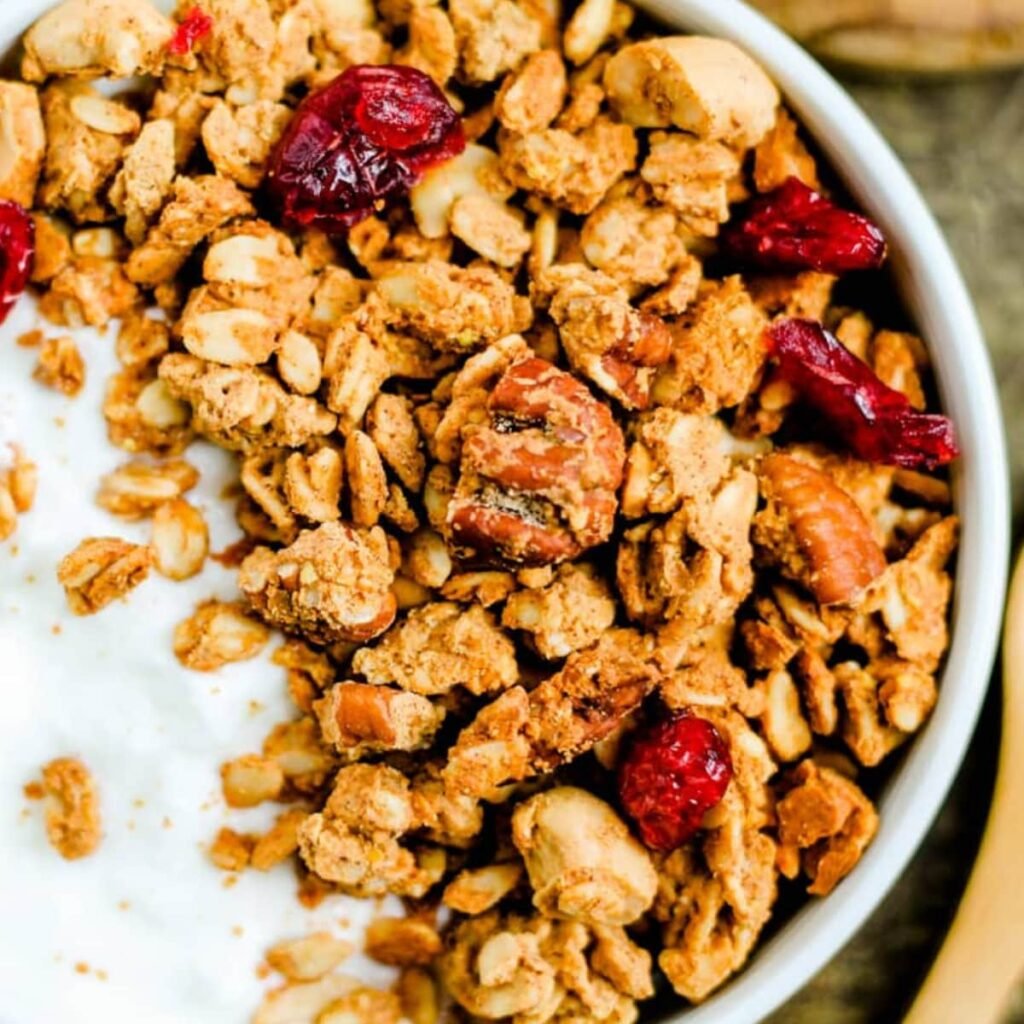 Overhead image of a bowl of protein granola.