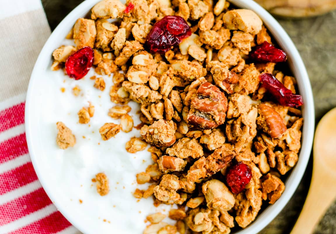 Overhead image of a bowl of protein granola.