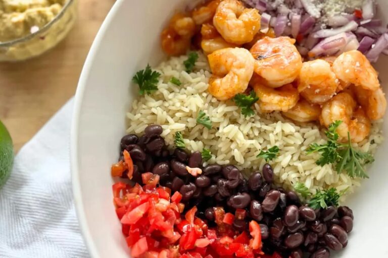 Shrimp taco bowl on a table.