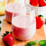 Image of a strawberry banana protein shake.