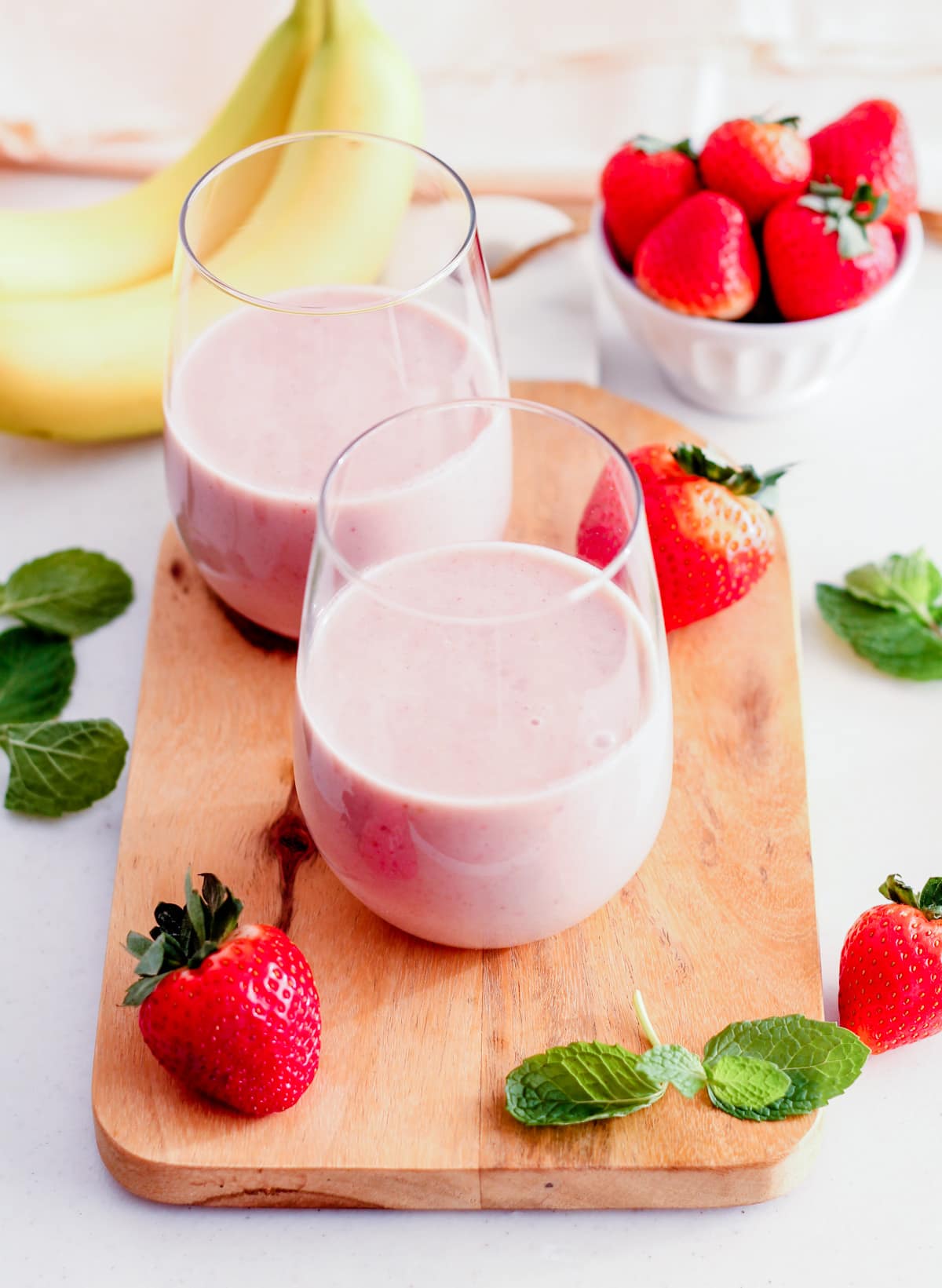 Image of a strawberry banana protein shake.
