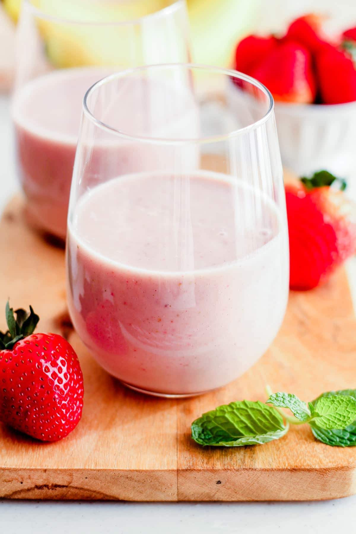Image of a strawberry banana protein shake.