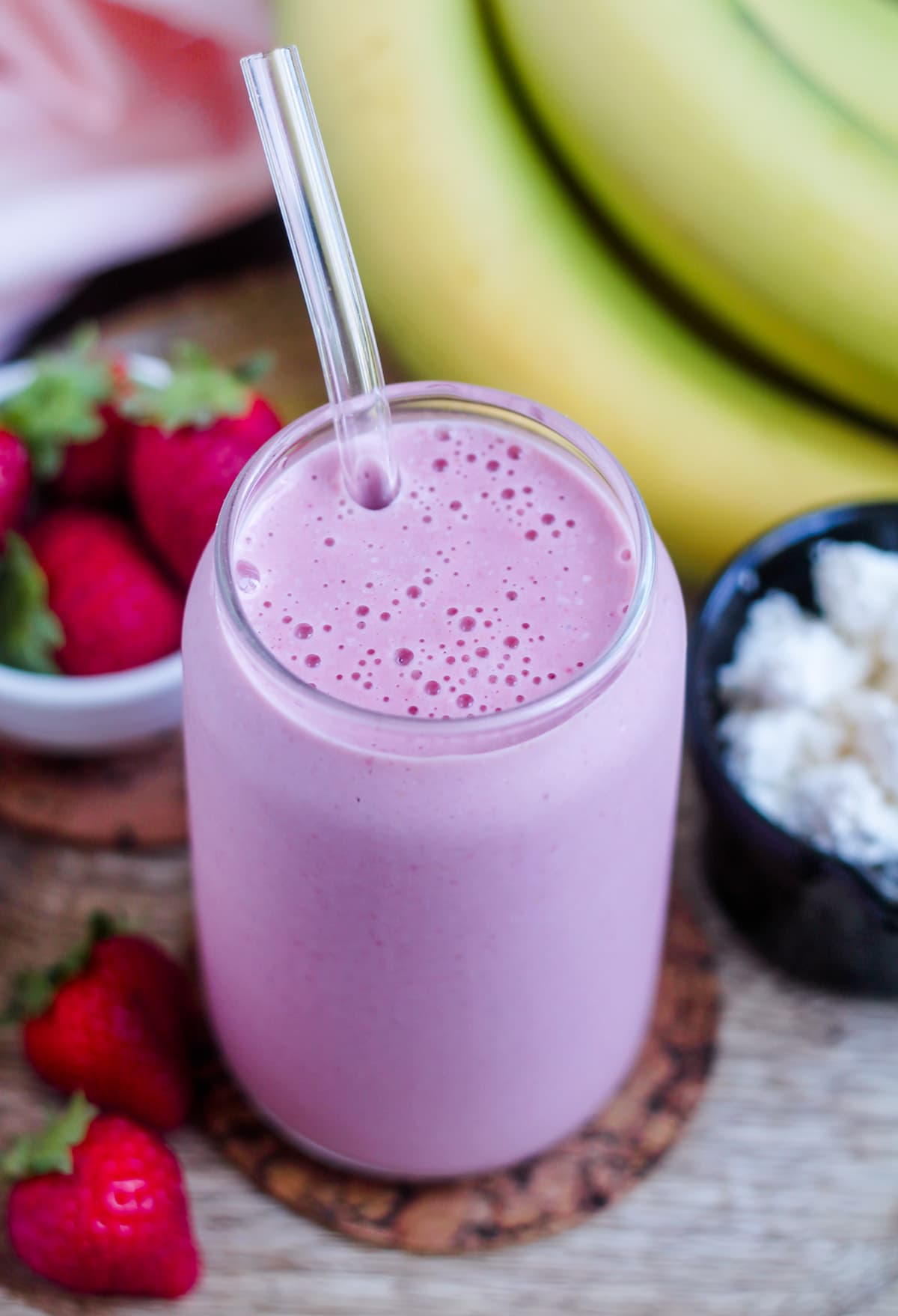 Cottage cheese smoothie in a glass.