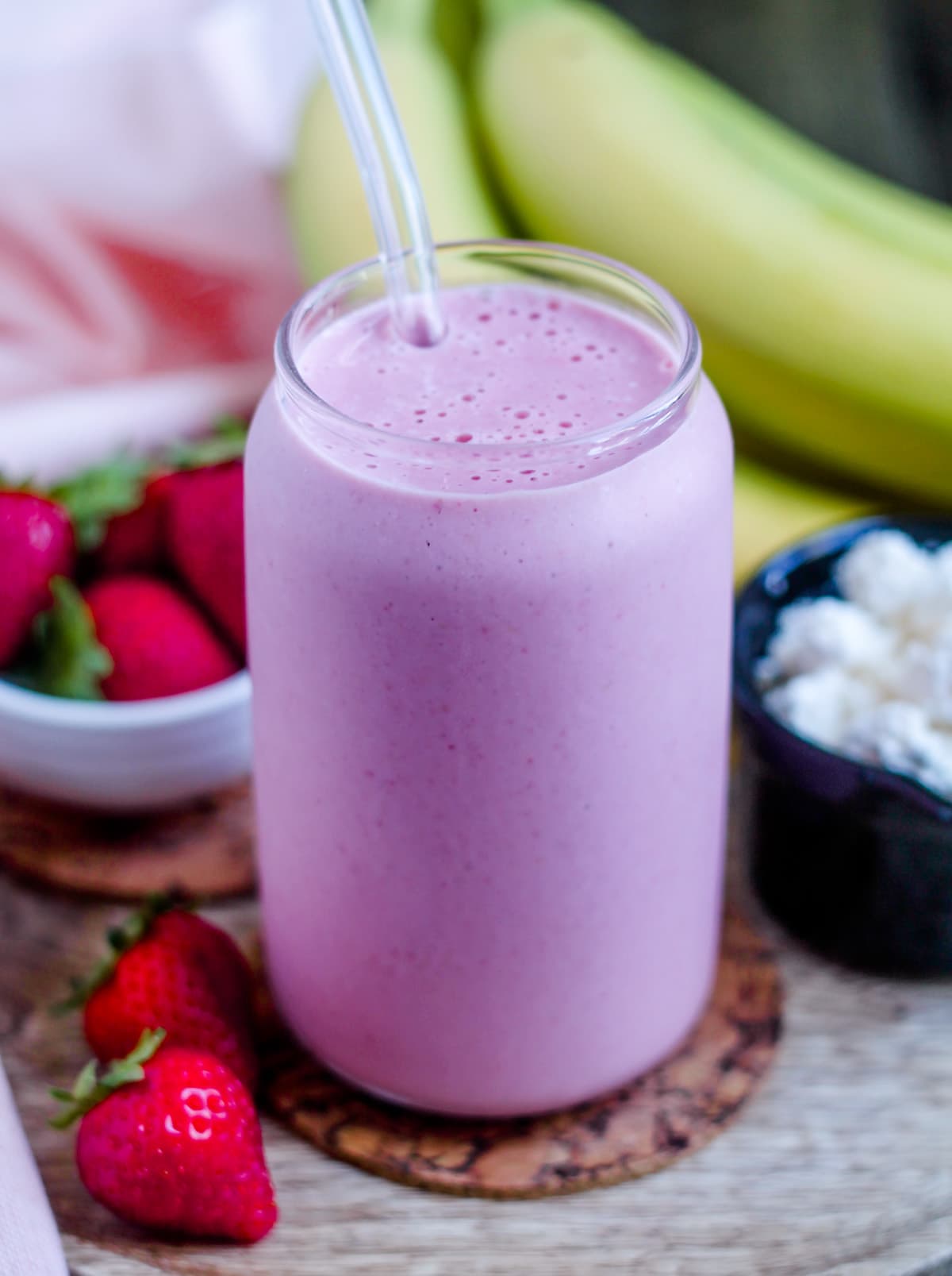 Cottage cheese smoothie in a glass.