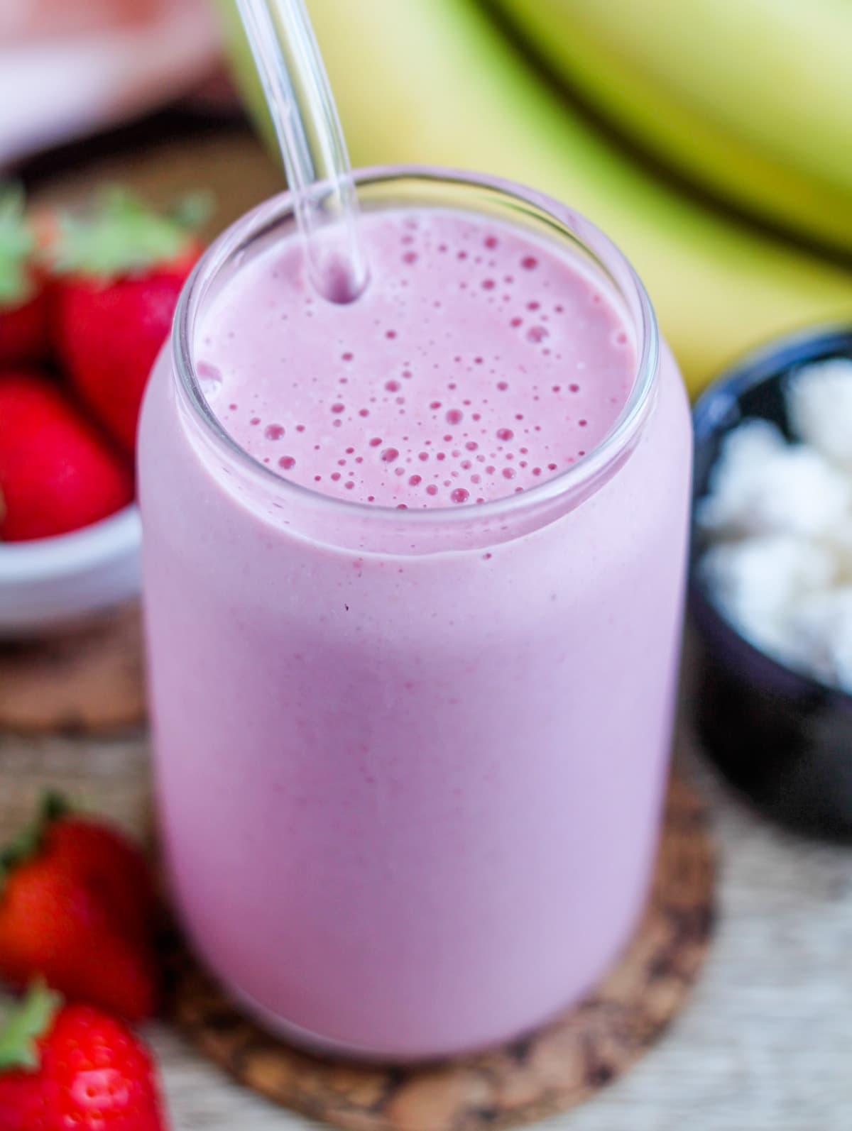 Cottage cheese smoothie in a glass.