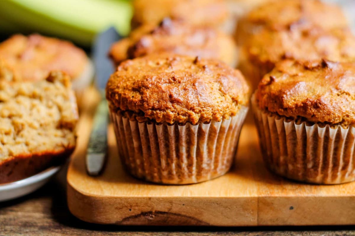 A tray of banana protein muffins.