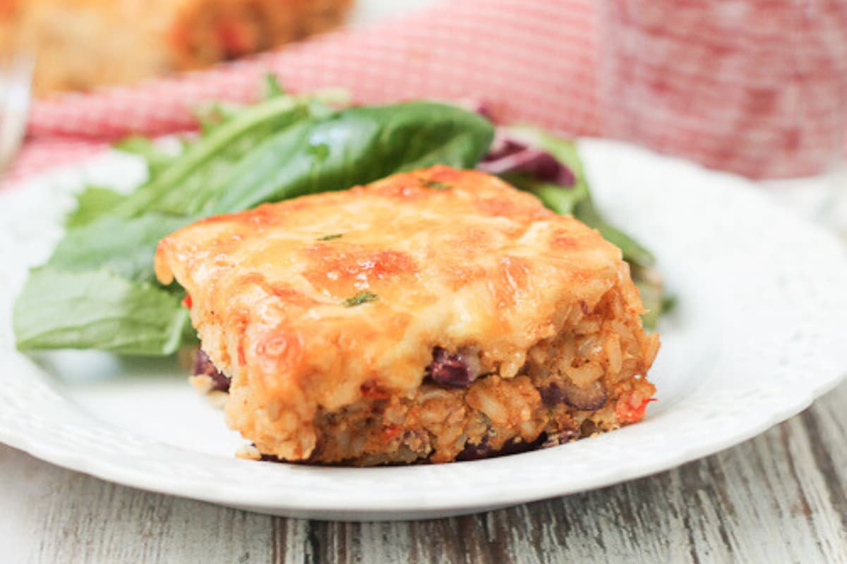 A plate of bean and rice bake.