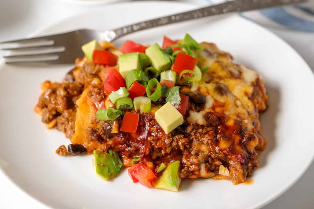 Beef enchilada casserole on a plate.