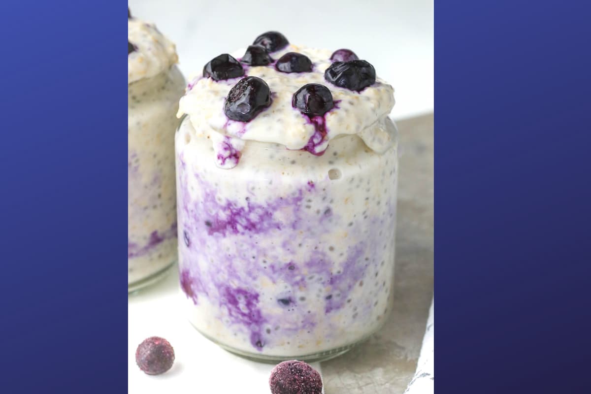 A jar of blueberry overnight oats.