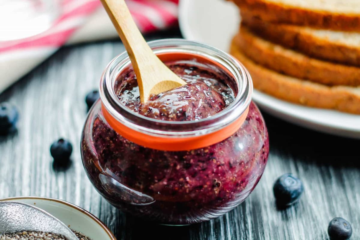 A jar of blueberry chia jam.