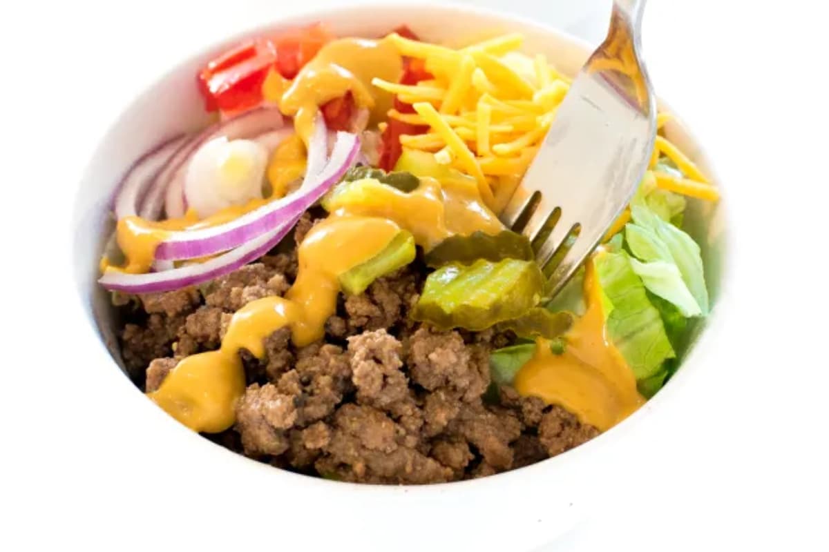 A burger in a bowl.