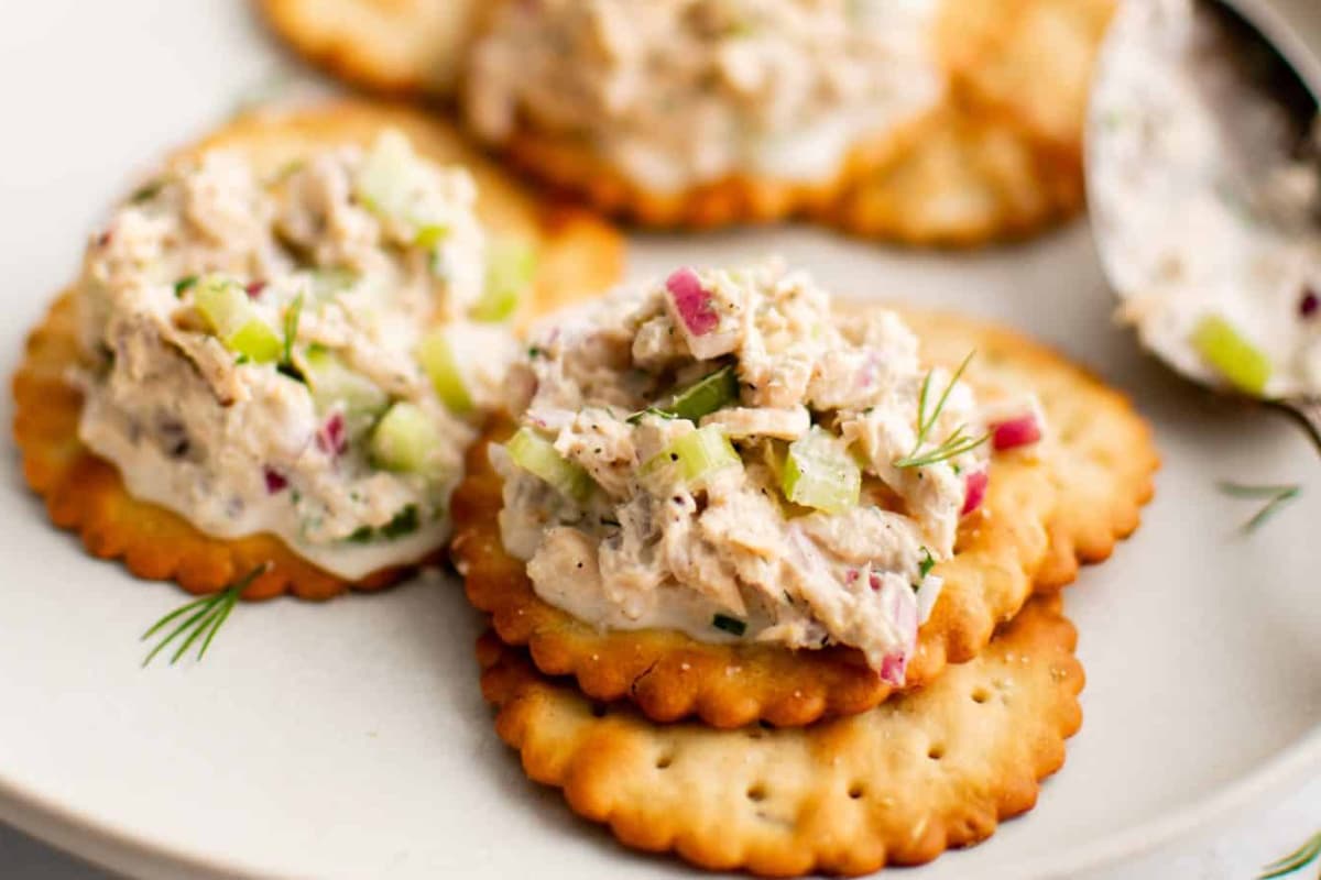 Canned salmon salad on crackers.