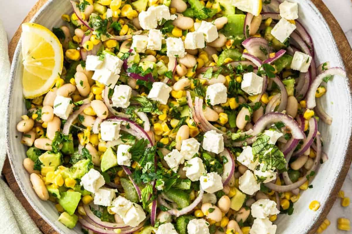 A bowl of charred corn salad.