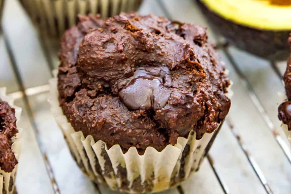 A tray of chocolate avocado muffins.