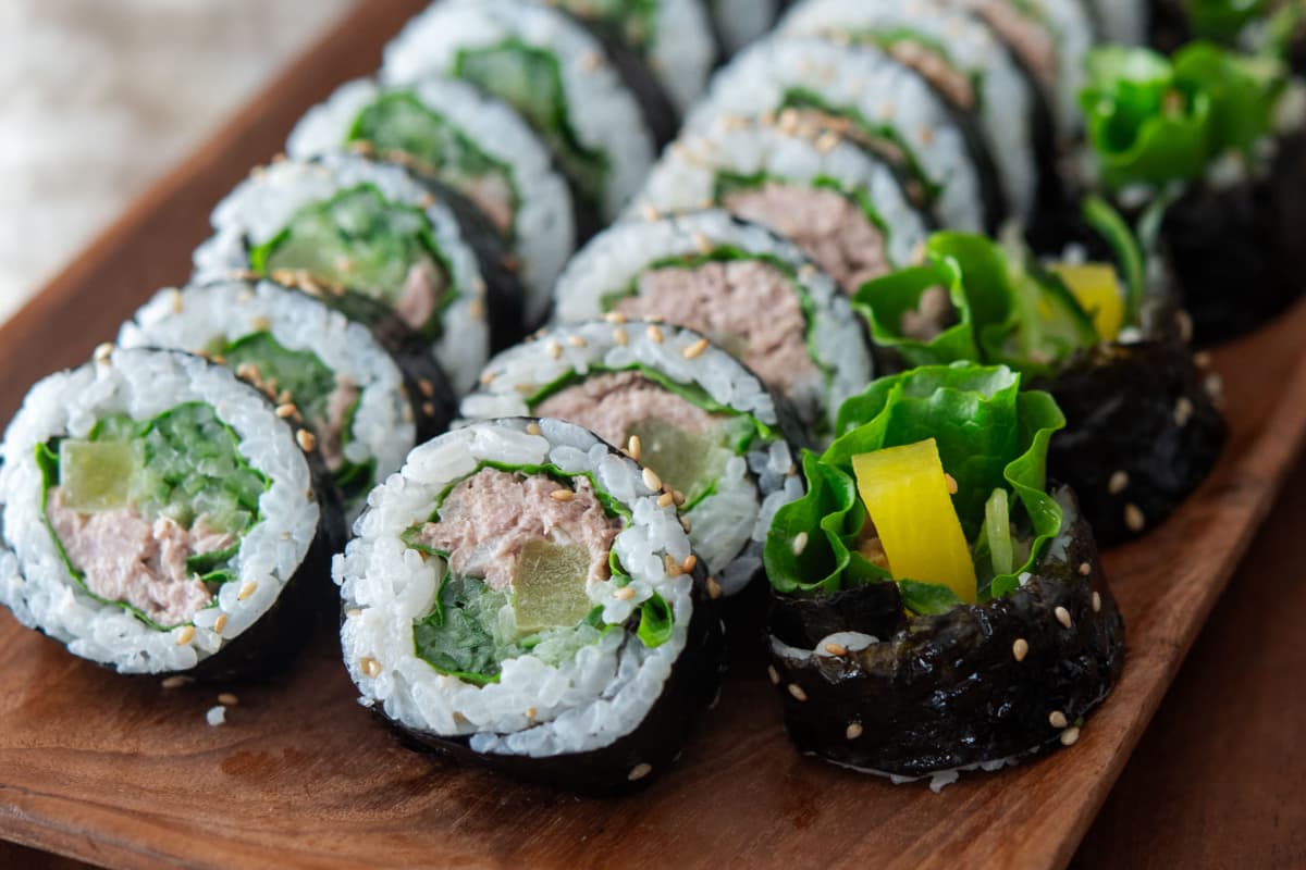 A tray of cucumber tuna kimbap.