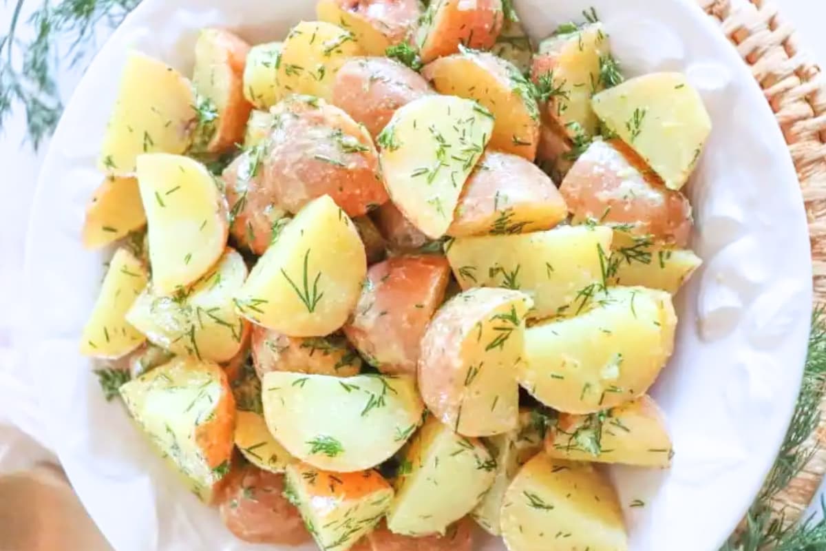 A plate of dill and dijon potato salad.