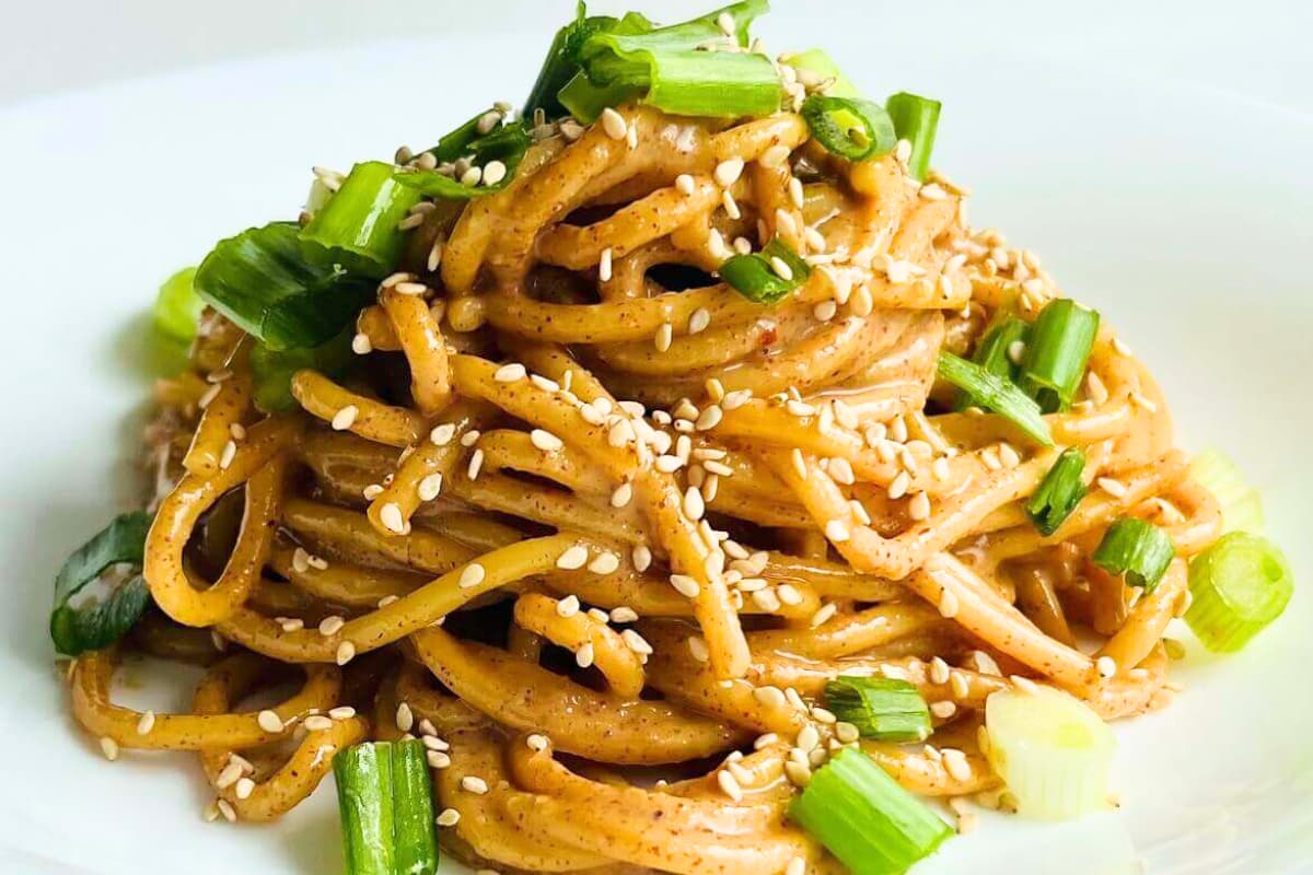 A plate of almond butter noodles.