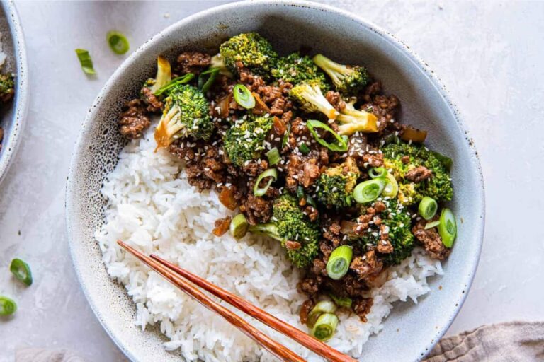 A bowl of beef and broccoli.