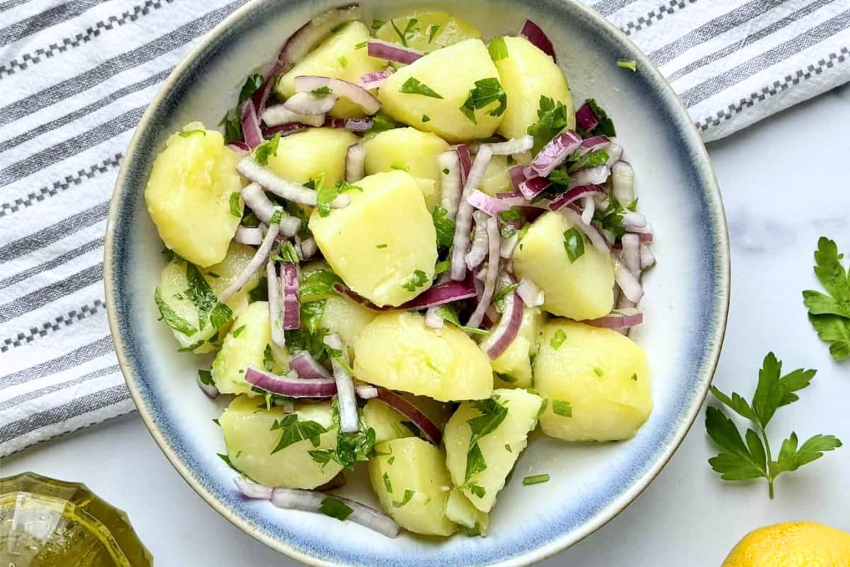 A plate of Greek Potato Salad.