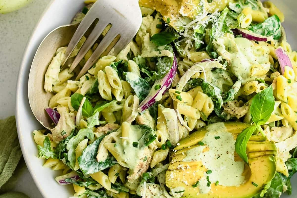 A bowl of green goddess pasta salad.