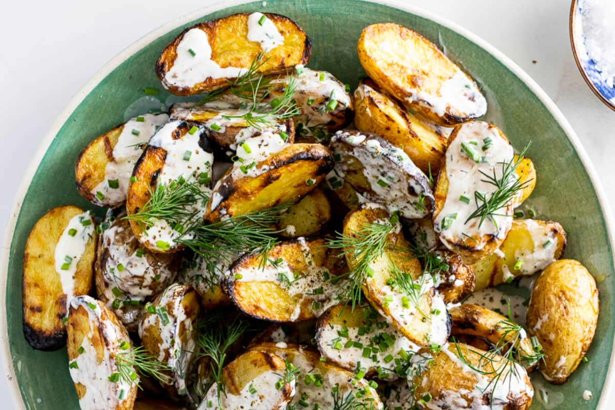 A plate of grilled potato salad.