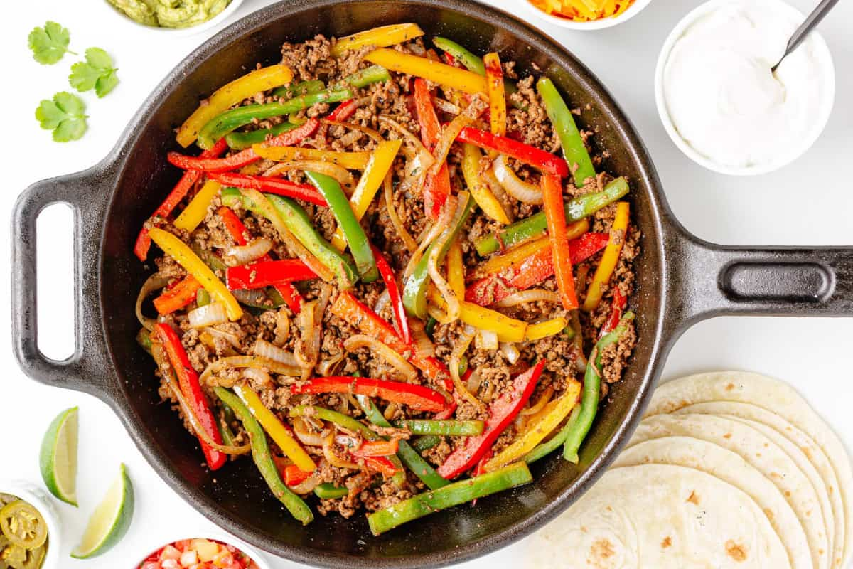 Overhead image of ground beef fajitas.