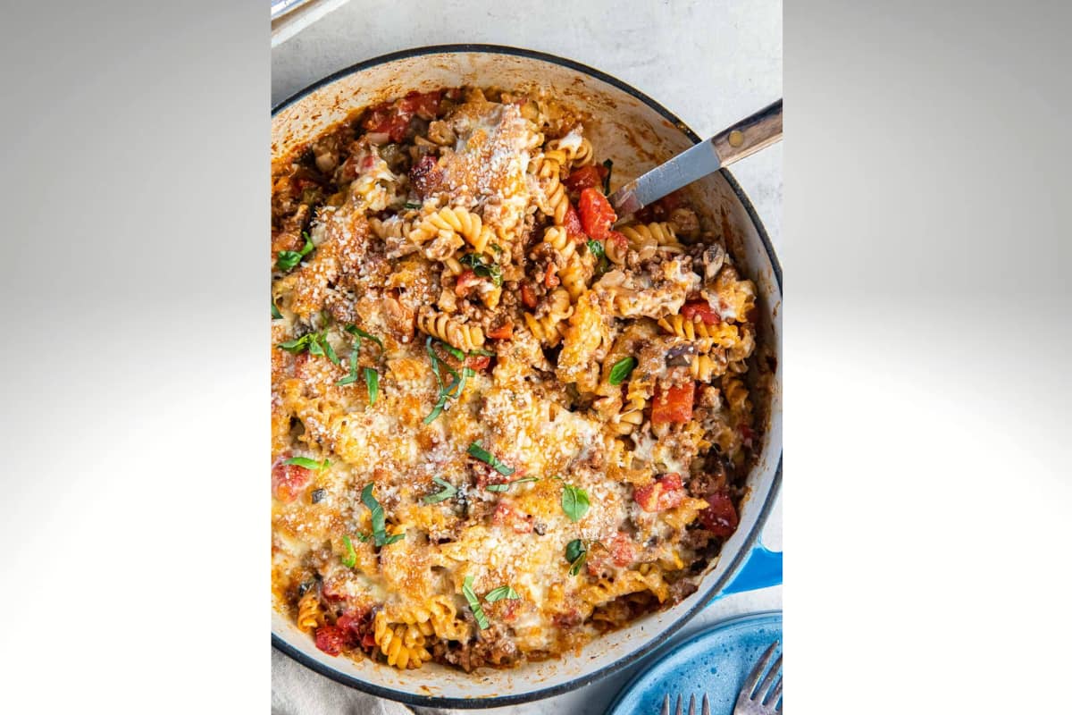 Overhead image of a ground beef pasta skillet.