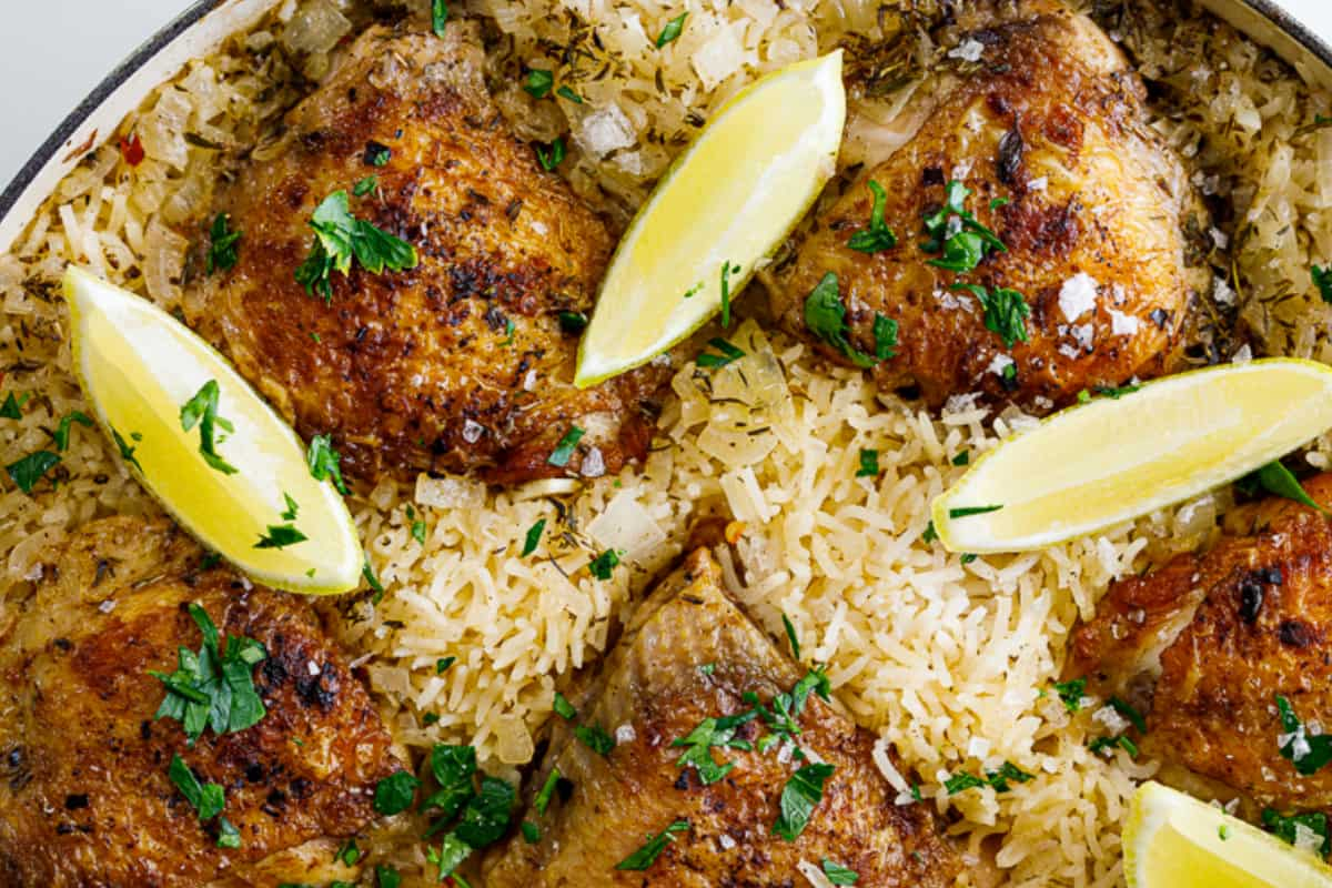 A pan of lemon chicken and rice.