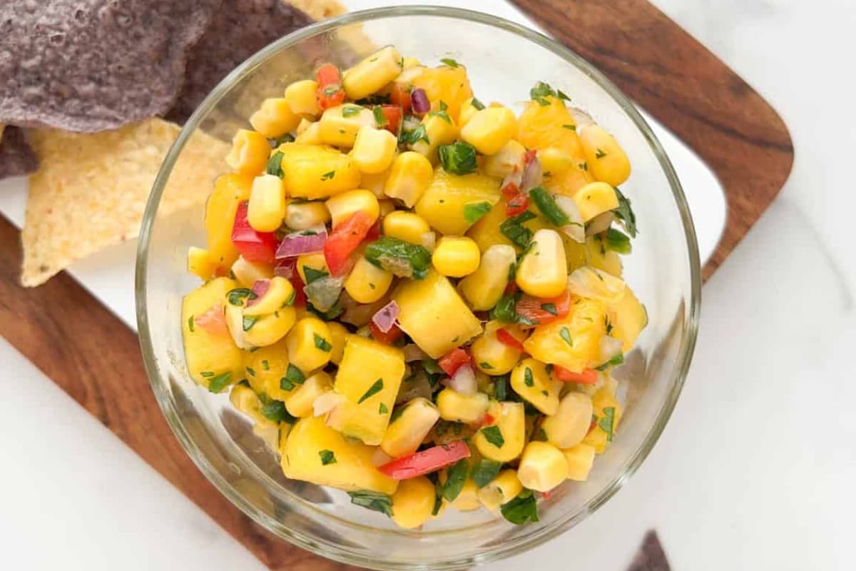 A bowl of mango corn salsa.