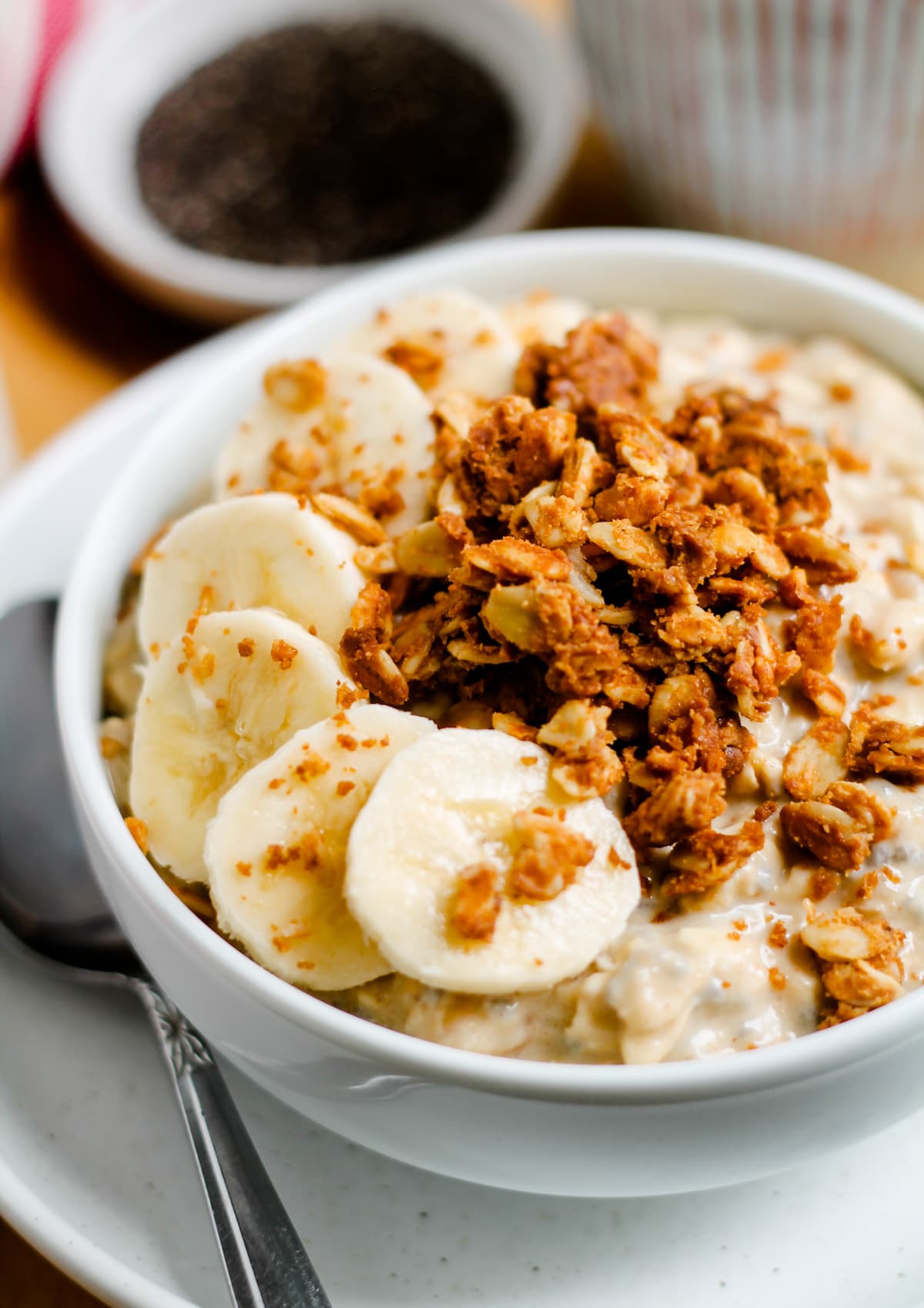 A bowl of peanut butter overnight oats.