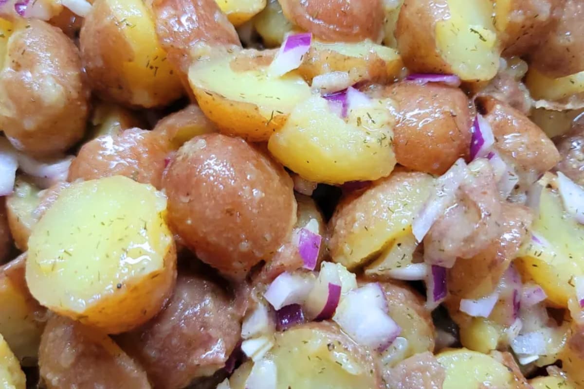 Closeup of potato and onion salad.