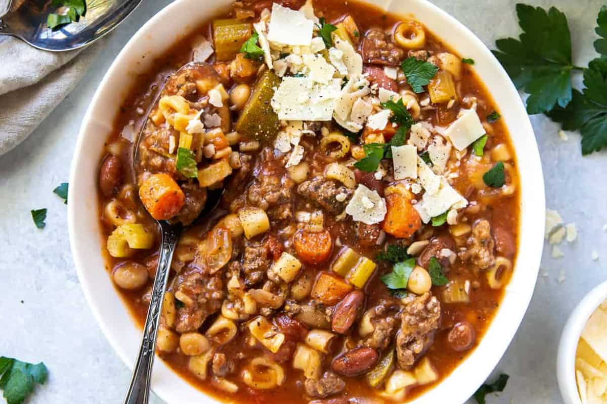 A bowl of slow cooker hamburger minestrone.