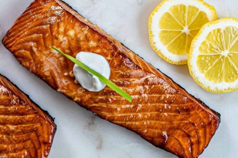 A plate of sweet soy salmon.