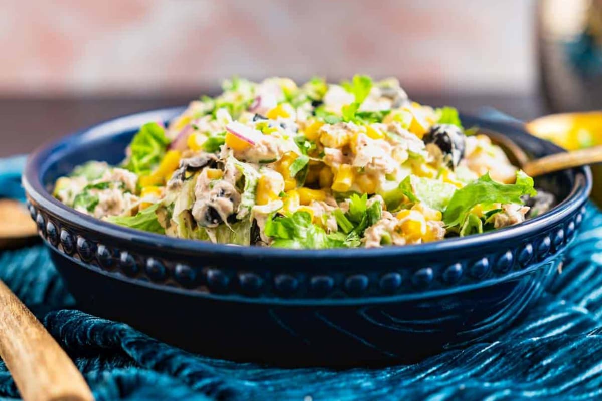 A bowl of tuna corn salad.