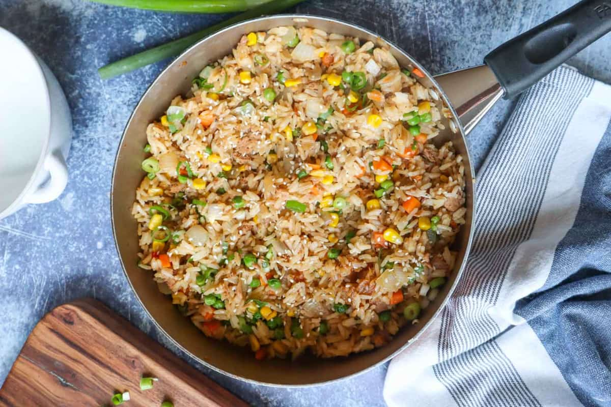 A skillet of tuna fried rice.