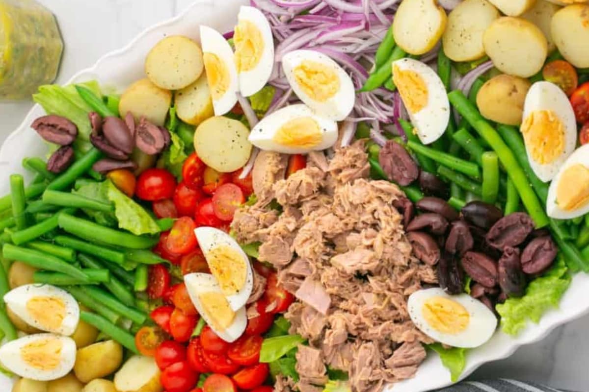 A Nicoise salad on a platter.