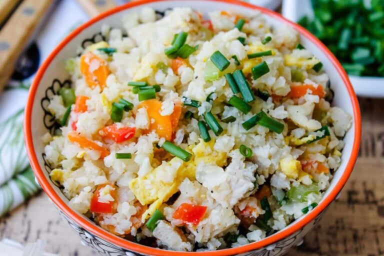 A bowl of cauliflower fried rice.