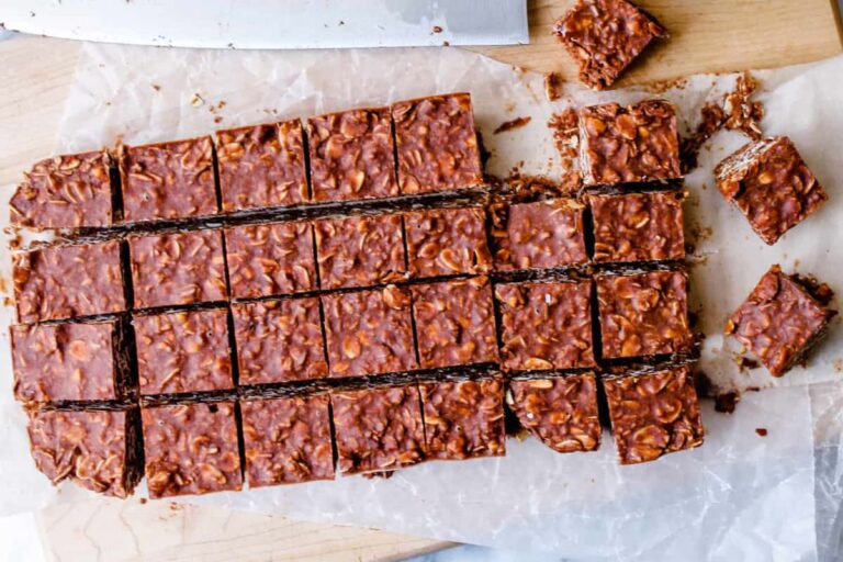 Overhead image of chocolate oat squares.