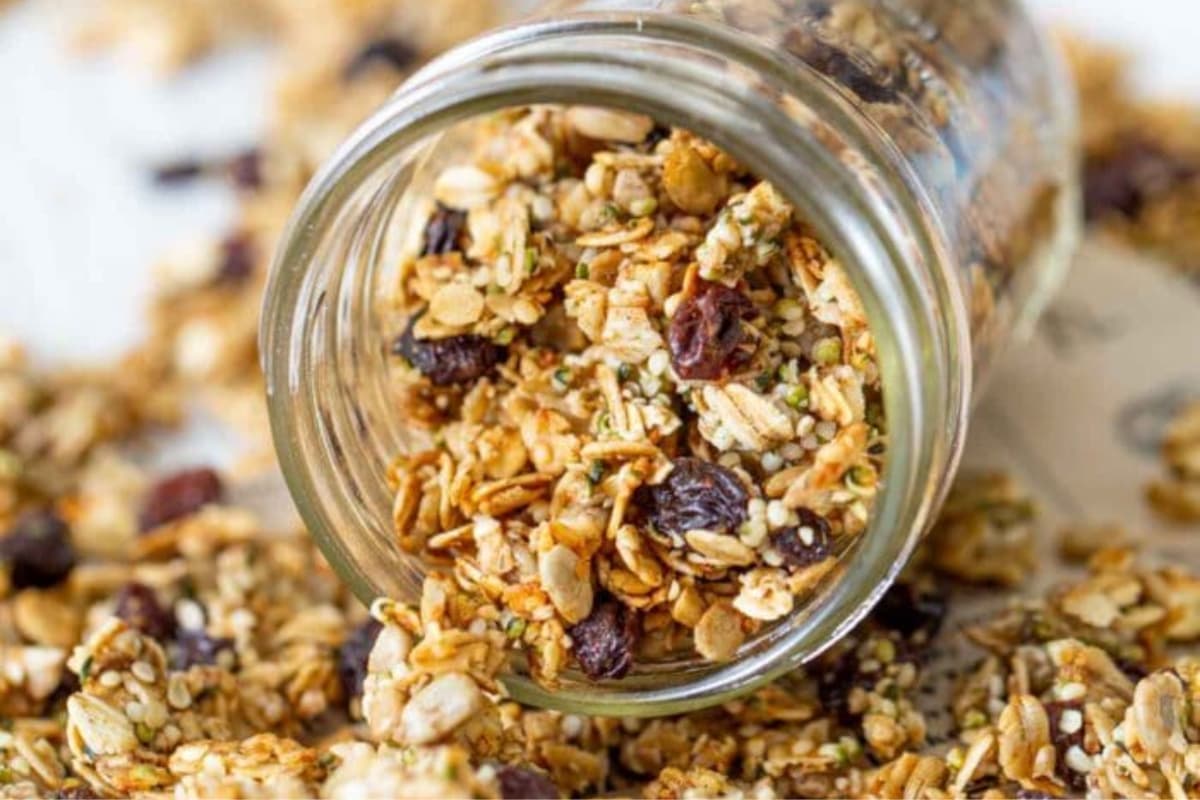 A jar of cinnamon raisin granola.