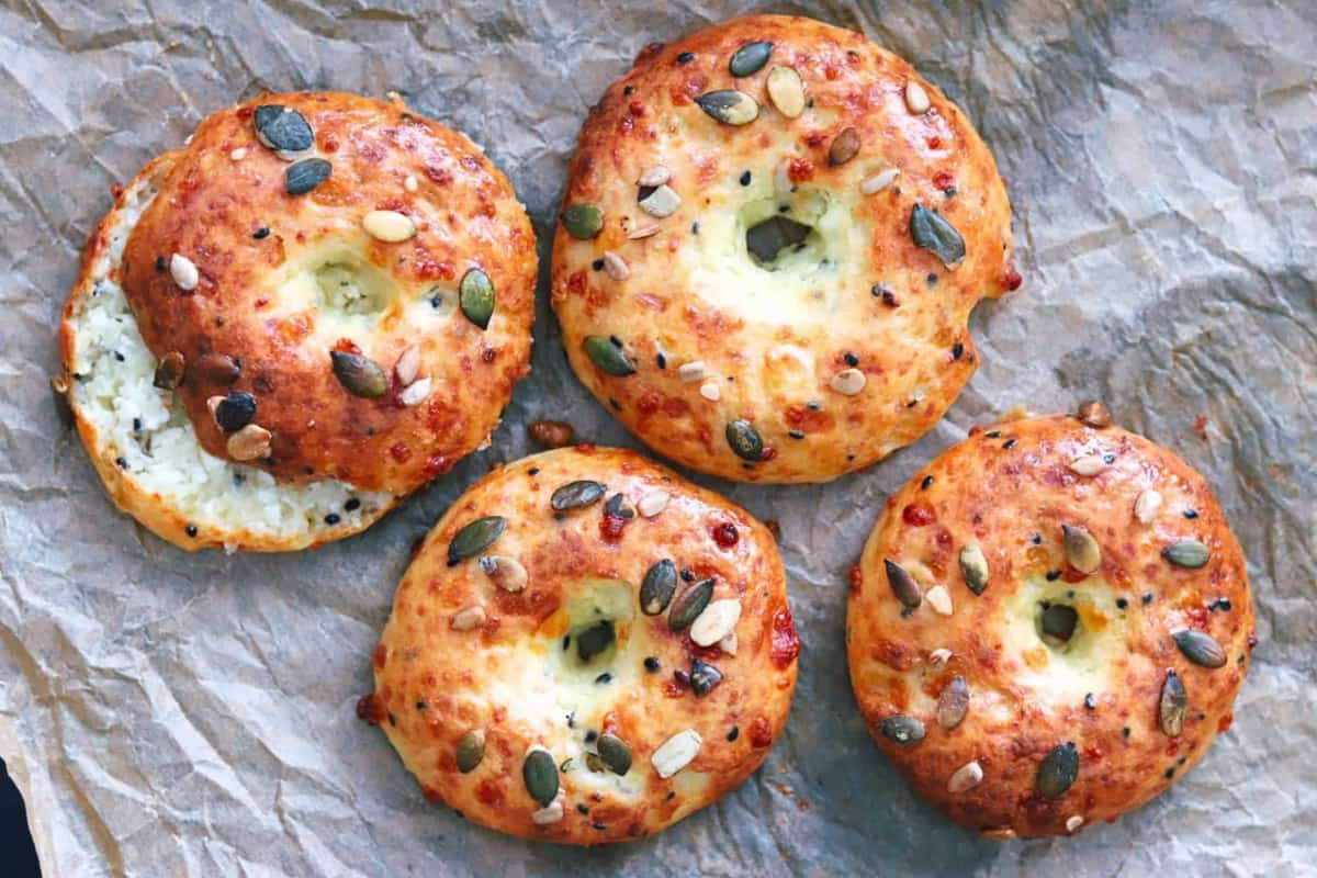 A tray of cottage cheese bagels.