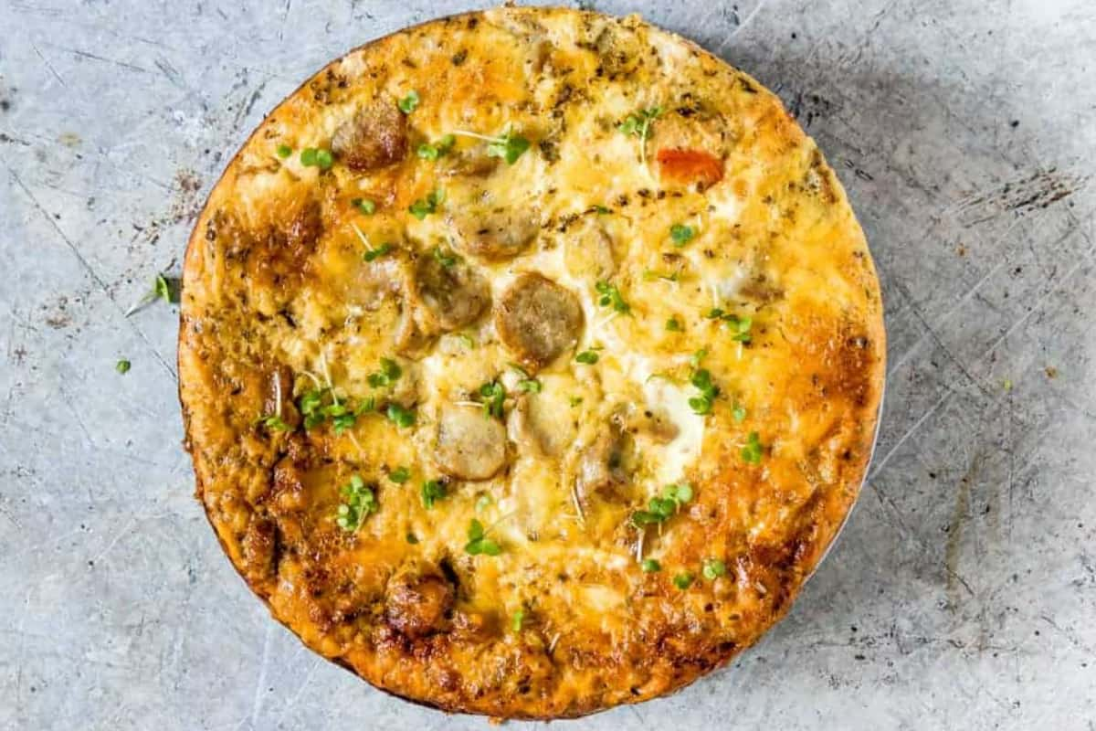 A crockpot breakfast casserole on a counter.