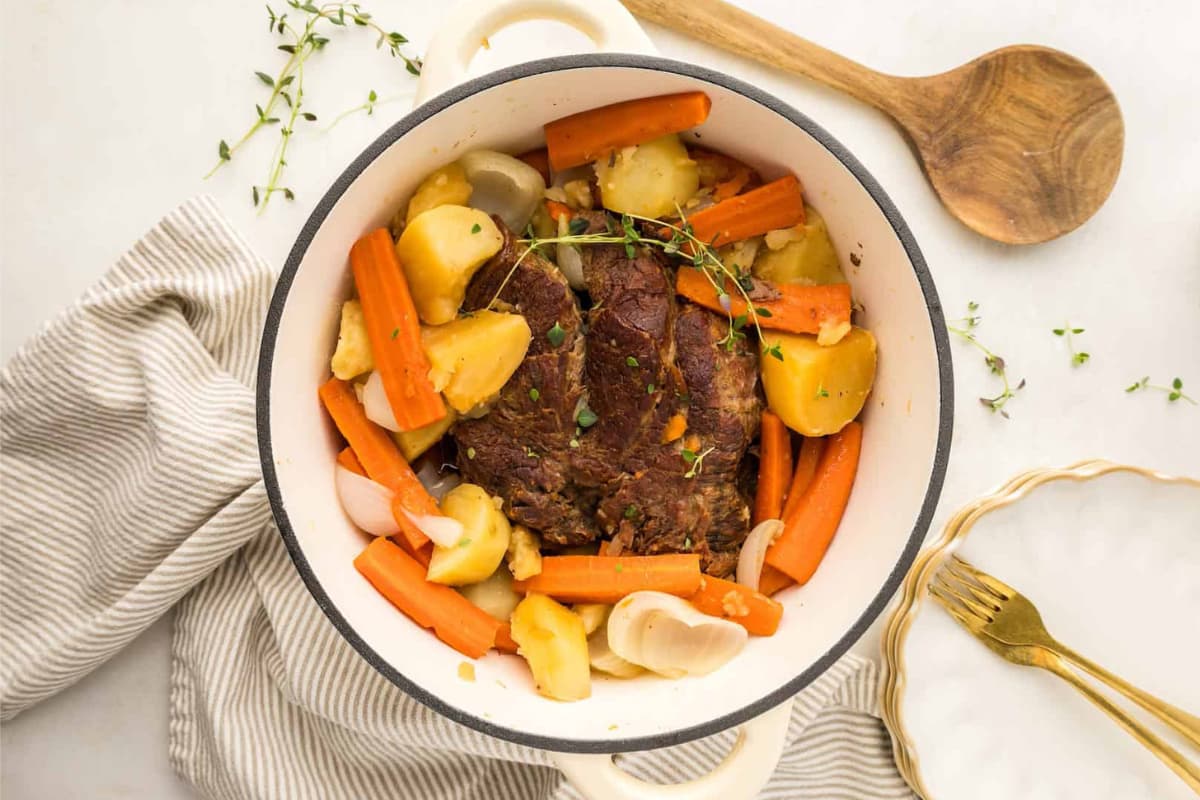 A dish of dutch oven pot roast.