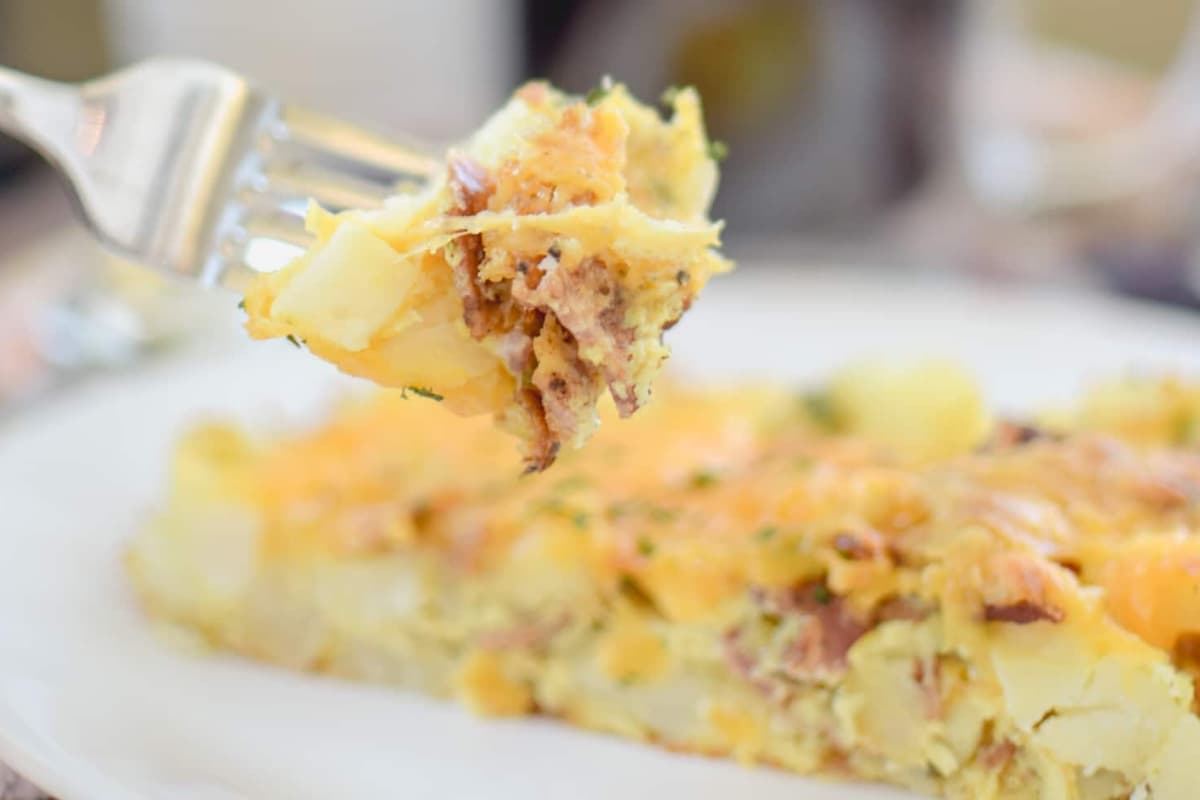 A forkful of an easy breakfast casserole.