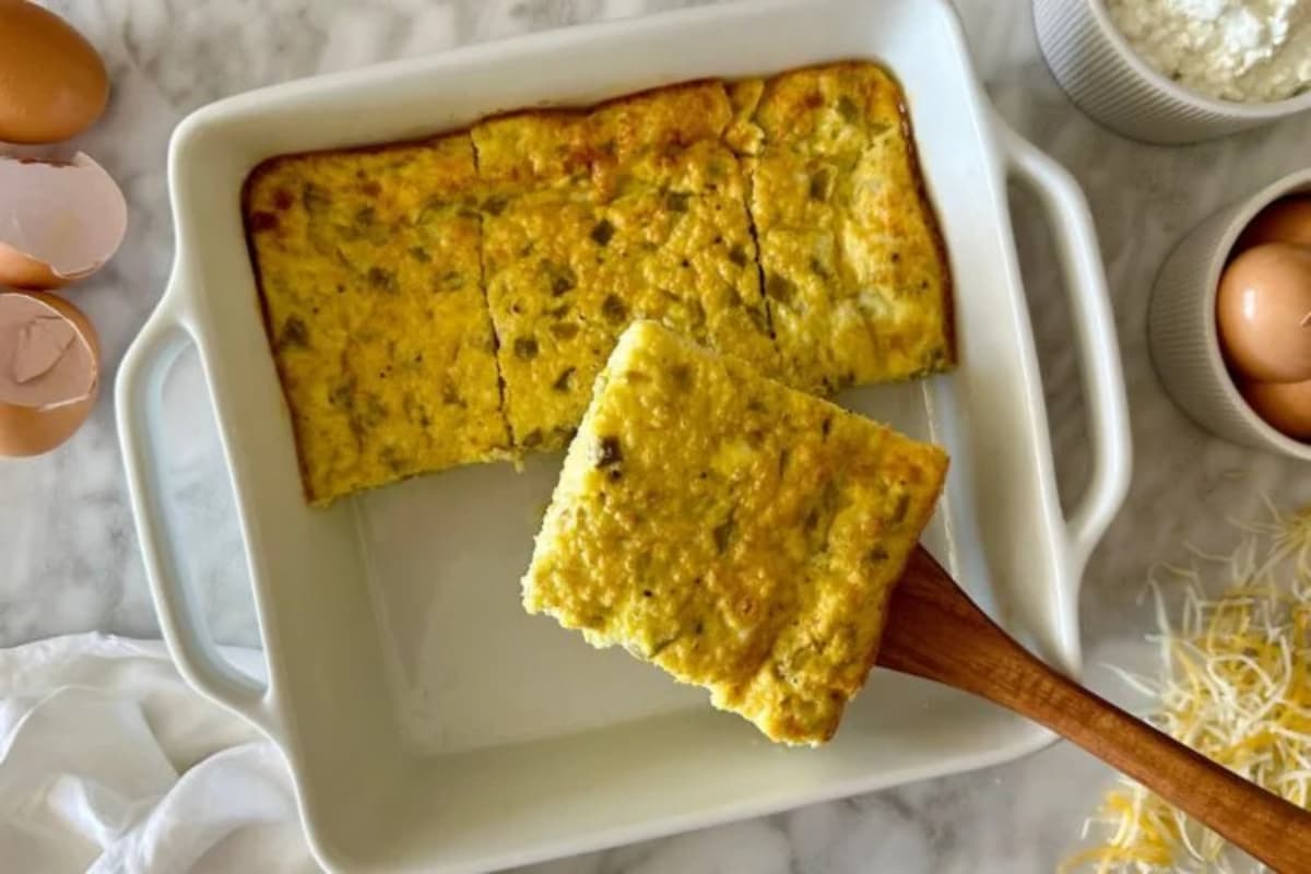 A dish of egg casserole with cottage cheese.