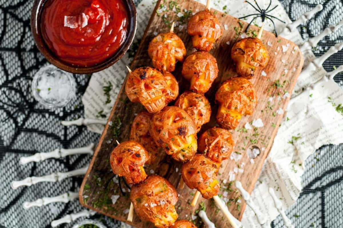 A platter of Halloween skull potatoes.