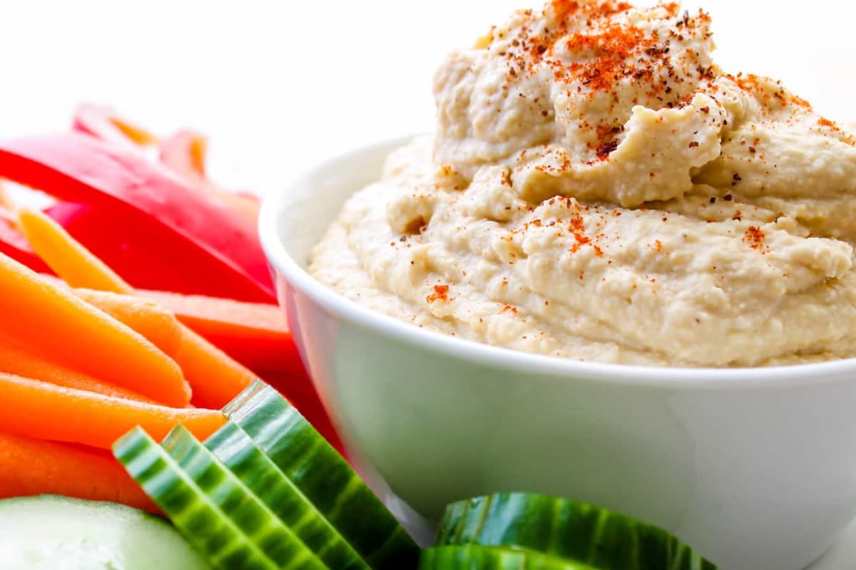 A bowl of homemade hummus.