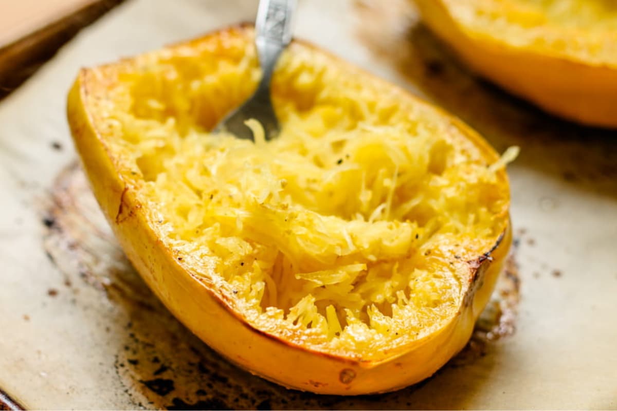 A tray of spaghetti squash.